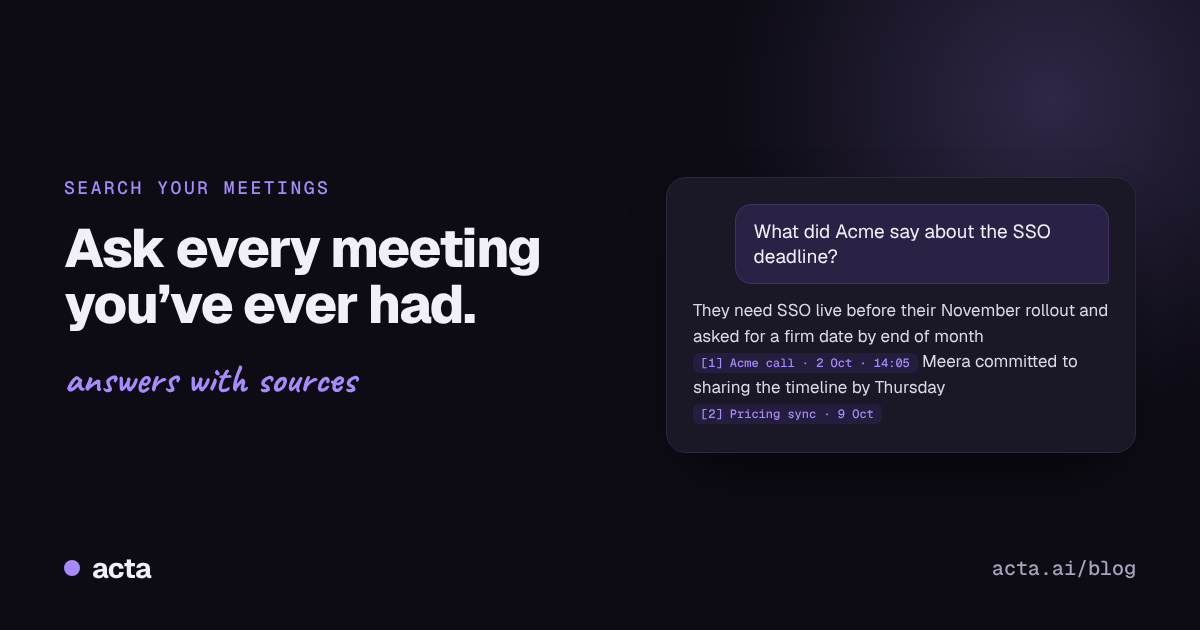 Cover illustration for an article on asking questions across all past meetings with AI search