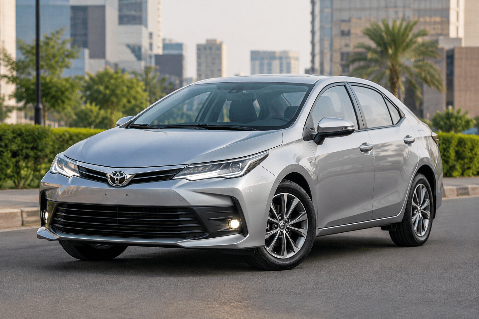 Silver Toyota Sedan in Urban Cityscape