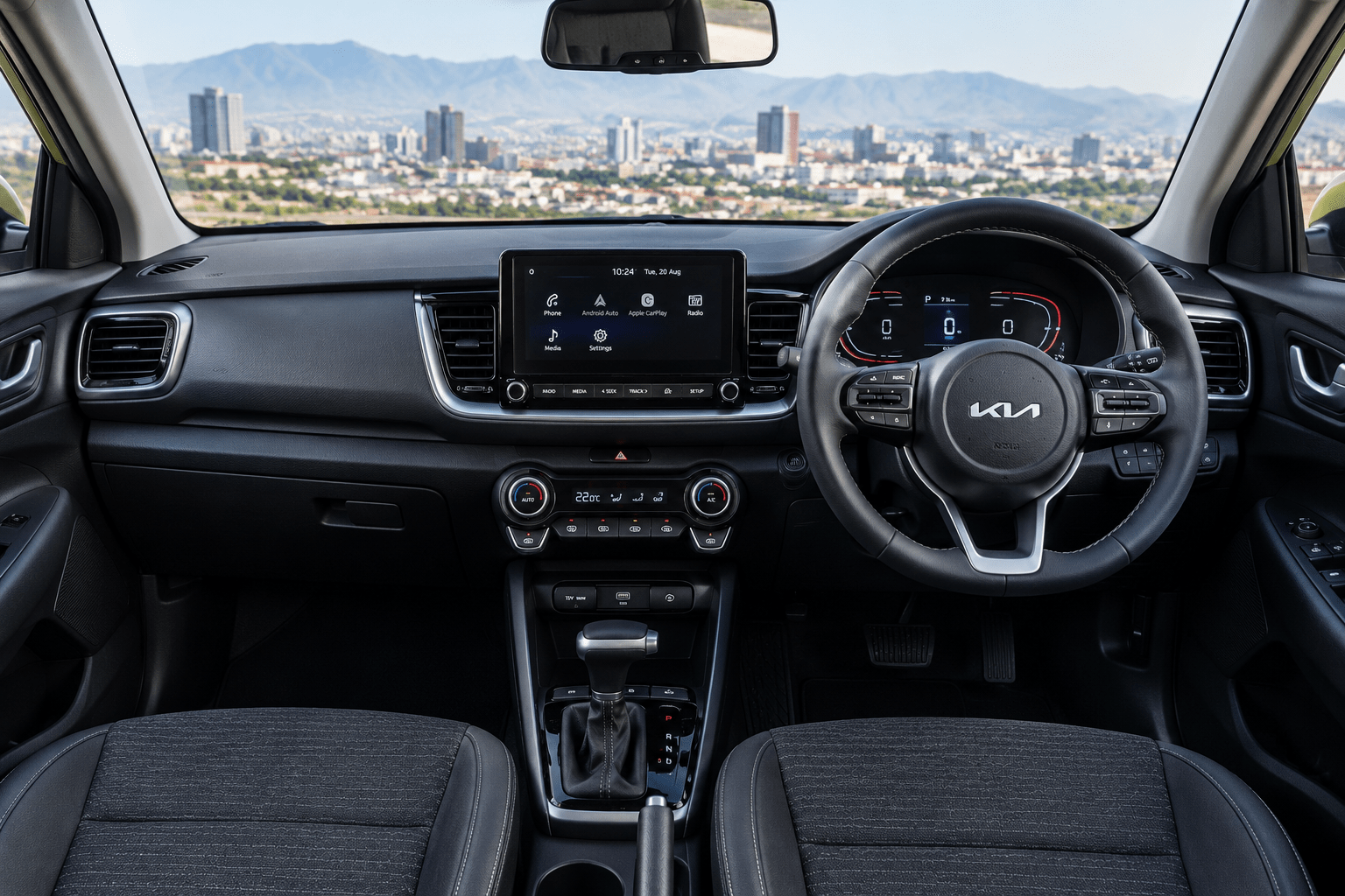 Modern Kia Interior Overlooking City and Mountains