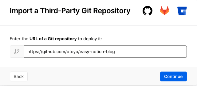 Vercel でのサードパーティ Git リポジトリインポート画面