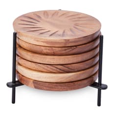 Humble & Mash Round Wooden Coasters with Metal Stand, Set of 6