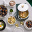 Le Creuset Snack Bowl, 12cm with bread in next to pot of mussels 