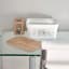 Trendz Of Today White Storage Bin With Bamboo Lid - Large on the desk