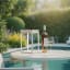 Litehouse Solar Outdoor Lantern with Touch Control - White next to a bottle of wine by the pool