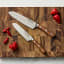 Wolstead Estate Santoku Knife, 14cm with tomatoes on a chopping board