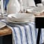 Mikasa Navy Striped Table Runner, 230cm on the table with a dinner set