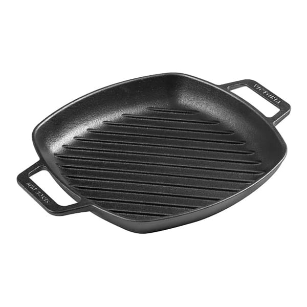 Victoria Seasoned Cast Iron Square Grill Pan with Helper Handles, 26cm