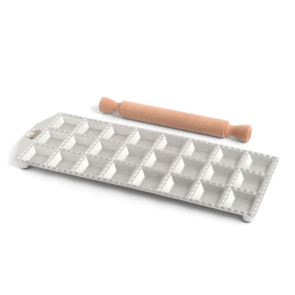Marcato Classic Square 24 Hole Ravioli Mould with Wooden Rolling Pin