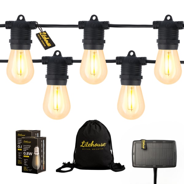 Litehouse Traditional Solar LED Festoon Outdoor Bulb String Lights, 15m