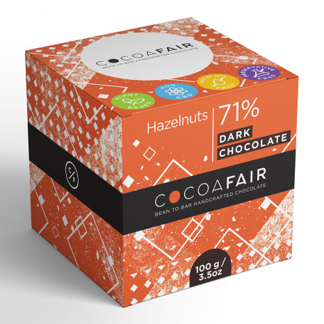 Image of Cocoafair Hazelnuts in 71% Dark Chocolate, 100g