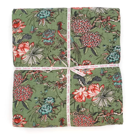 Image of India Ink Green Peacock Paradise Kantha Stitched Throw