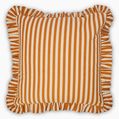 Image of Thread Office Tan Stripe & Ruffle Edge Scatter Cushion with Feather Blend Inner, 50cm x 50cm