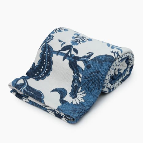 Image of Thread Office Blue Botanical Print Woven Cotton Throw, 180cm x 200cm