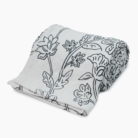 Image of Thread Office Navy & Cream Printed Floral Cotton Throw, 180cm x 200cm