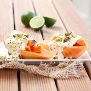 Papaya, lime, Bulgarian yoghurt, and pistachio nut medley