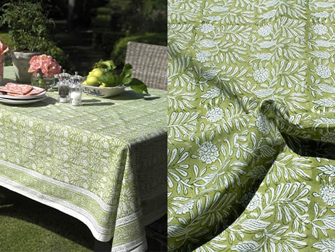 India Ink Garden Green Block-Printed Rectangular Tablecloth