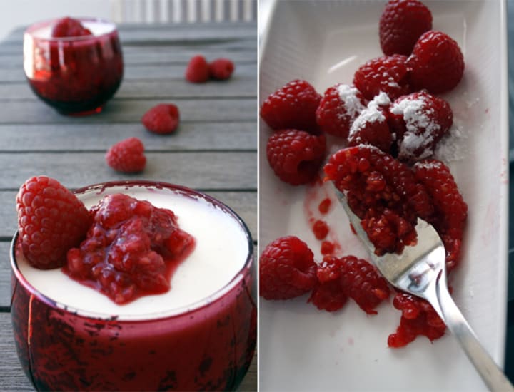 Yoghurt panna cotta with rose-water infused raspberries