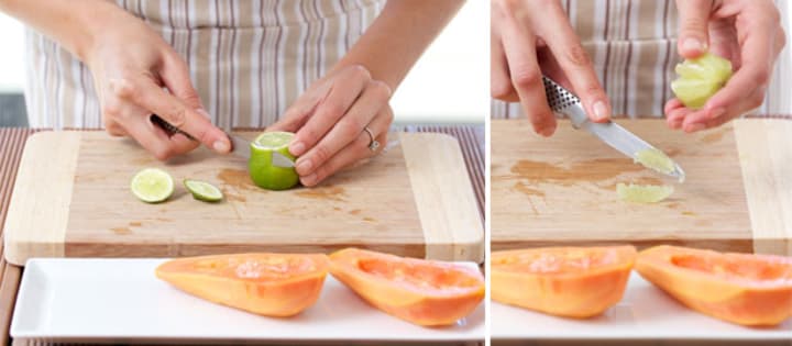 Fresh lime segments and papaya for Papaya, lime, Bulgarian yoghurt, and pistachio nut medley recipe