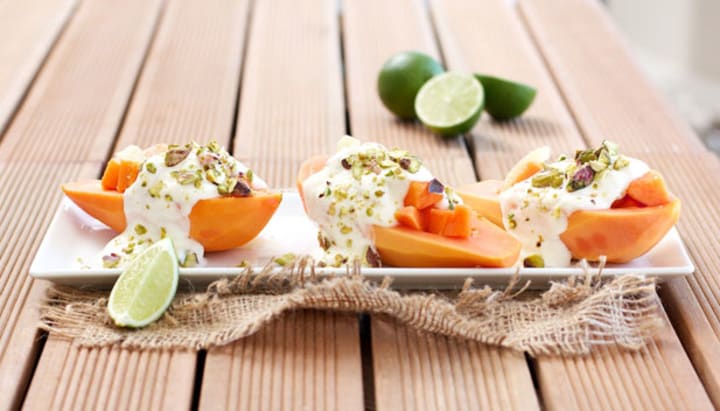 Papaya, lime, Bulgarian yoghurt, and pistachio nut medley
