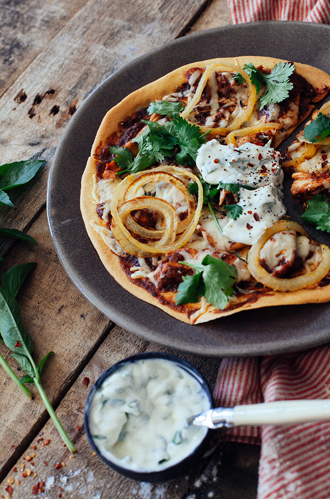 Turmeric butter chicken on a homemade chickpea pizza crust