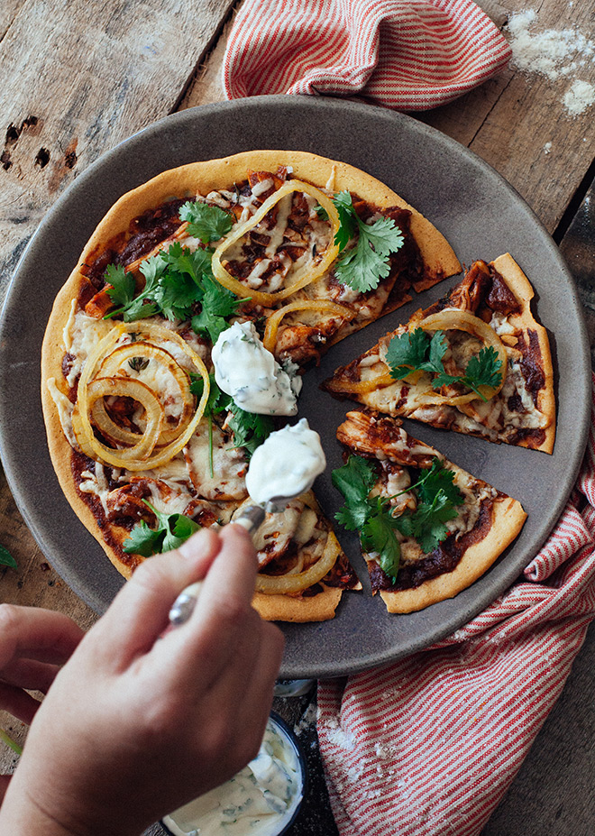 Turmeric butter chicken on a homemade chickpea pizza crust