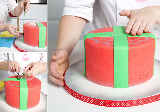 Fondant ribbon placement on the cake