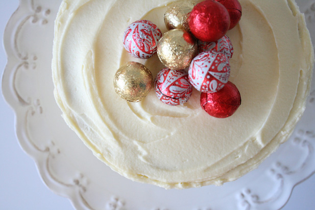 Layered Christmas cake decorated with chocolate balls