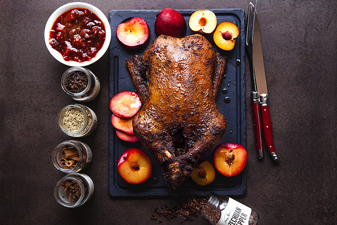 Five spice crispy duck with sticky plums