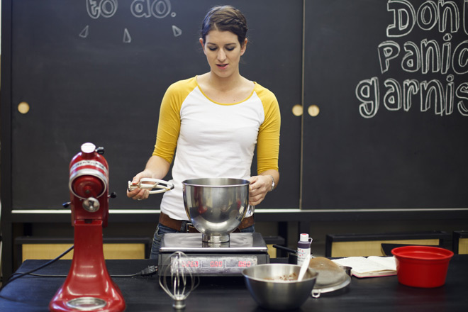 Mixing the batter for red velvets