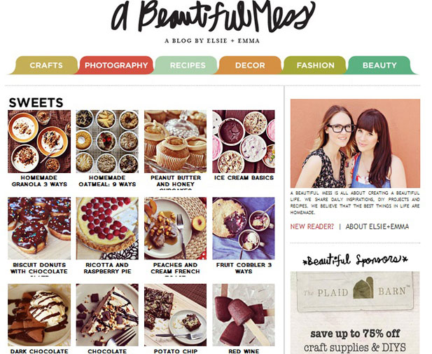 The home page of A beautiful mess' food blog