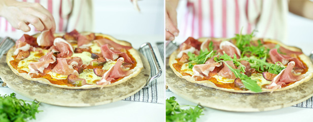 Add rocket and parma ham after baking your pizza