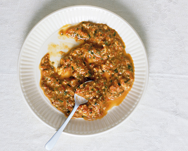 Pesto made from  roasted red peppers and cashew