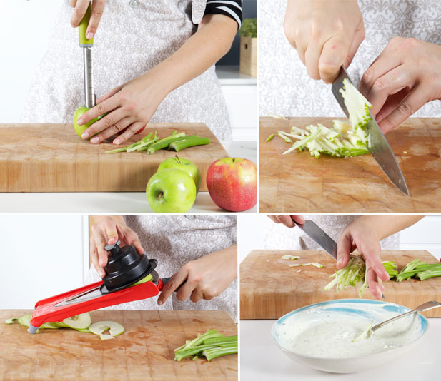 Preparing apple slices with a mandoline for the waldorf salad