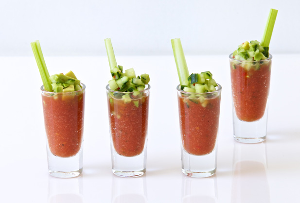 Gazpacho shot glasses with cucumber and avo salsa