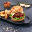Victoria Enamelled Oval Serving Cast Iron Griddle - Large with burger and chips