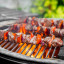 MasterClass Stainless Steel Flat Sided Skewers, Set of 6 with meat on the grill