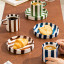 Nicolson Russell Chelsea Striped Cup & Plate, Set of 2 - Brown on the table with blue and green set