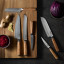 Wolstead Satoru Damascus Utility Knife, 12.5cm with other knives on chopping board