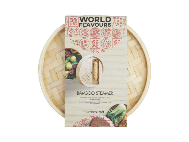 KitchenCraft Two Tier 20cm Bamboo Steamer With Lid, top view with packaging