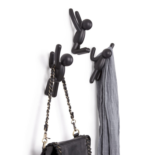 Umbra Buddy Moulded Wall Hooks, Set of 3 - Black with hanged items