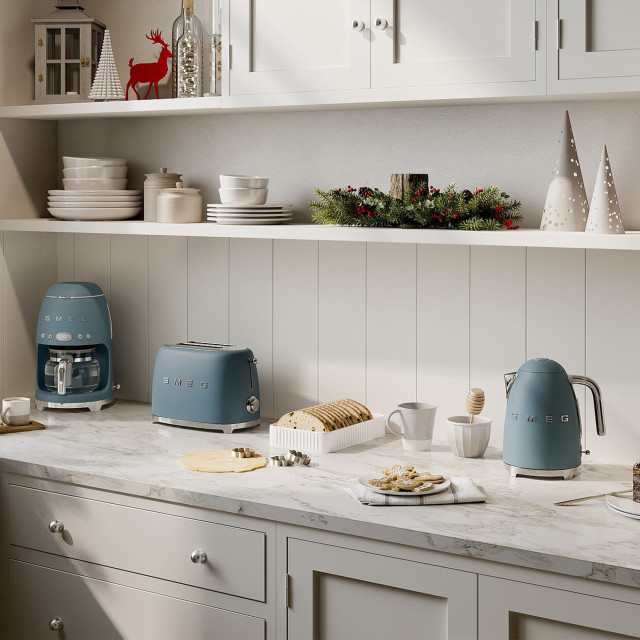 Smeg Retro 2-Slice Toaster, 950W - Storm Blue Matt on the kitchen counter