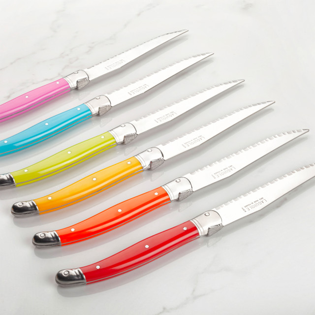 Laguiole by Andre Verdier Steak Knife & Fork Set, 12-Piece - Spring Mix on the kitchen counter