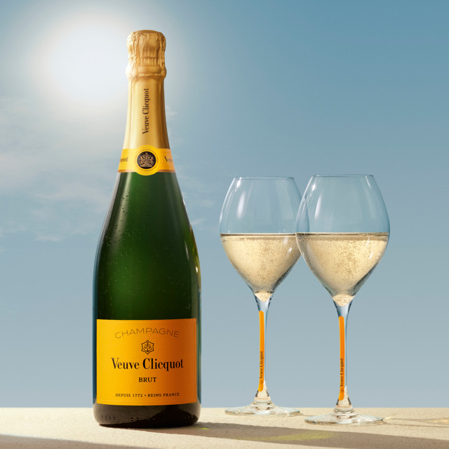 Veuve Clicquot Yellow Label Brut Champagne, 750ml with champagne glasses