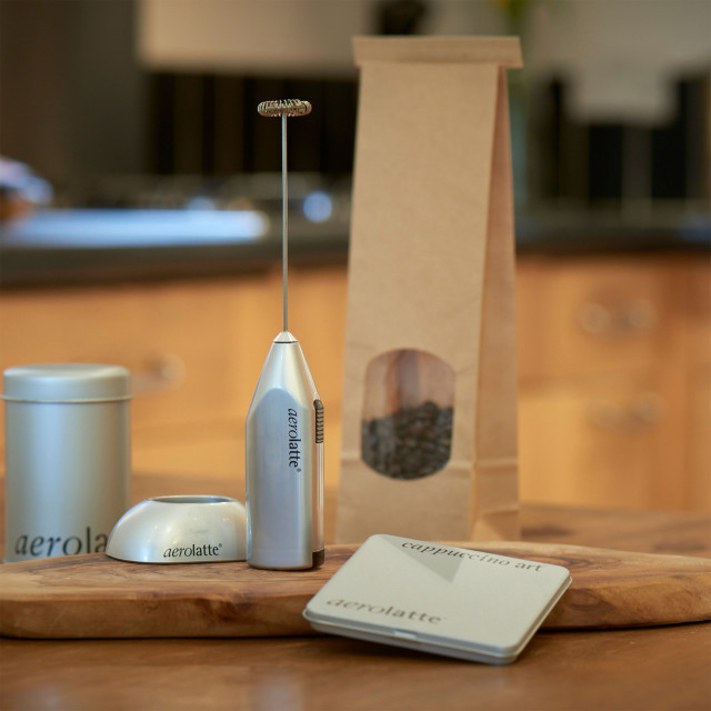 Aerolatte Steam Free Milk Frother Satin in use