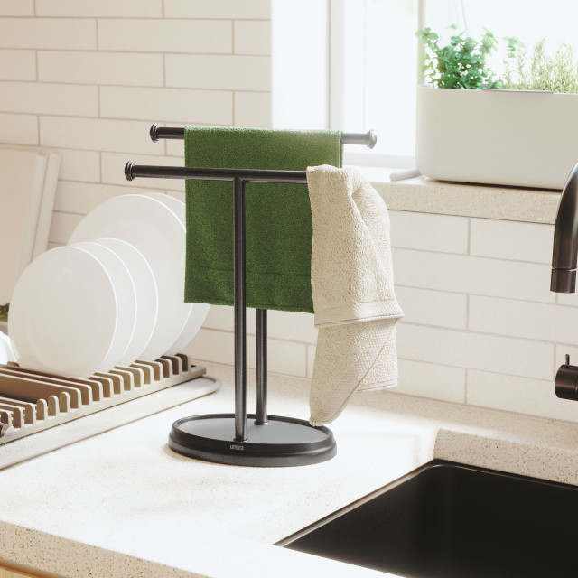 Umbra Palm Double Hand Towel Holder - Black In A Kitchen Setting