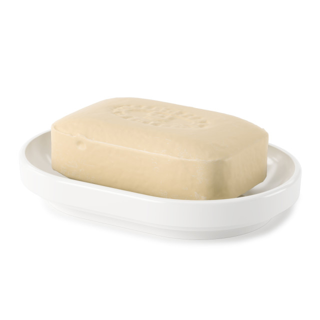 Umbra Step Soap Dish - White Top Down View with a Bar of Soap