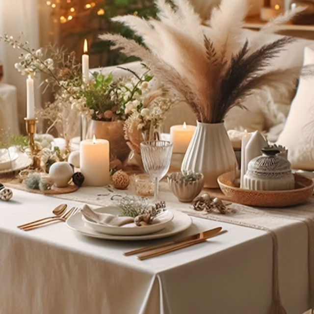 DSA Natural Earth Stone Rectangular Tablecloth on a dinning room table