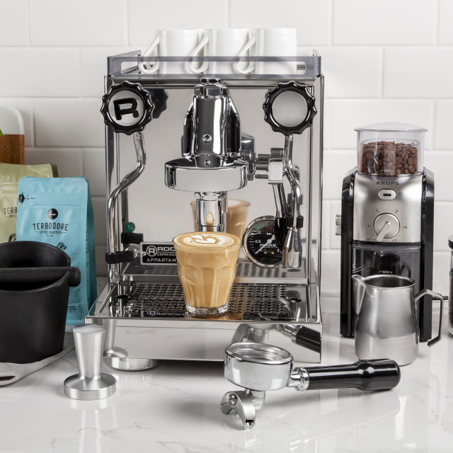 Rocket Espresso Appartamento 1250W Espresso Machine - Silver & Copper with mugs and accessories