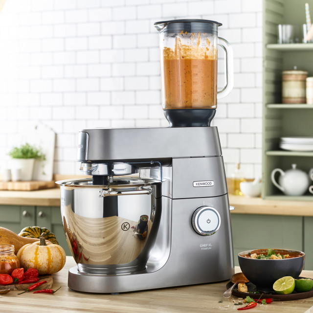 Kenwood Chef & Chef XL Stand Mixer Glass Blender Attachment on the kitchen counter with veggies and other ingredients