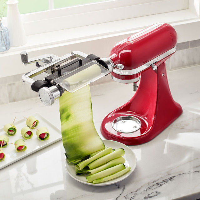 KitchenAid Stand Mixer Vegetable Sheet Cutter Attachment, KSMSCA on the counter with vegetables